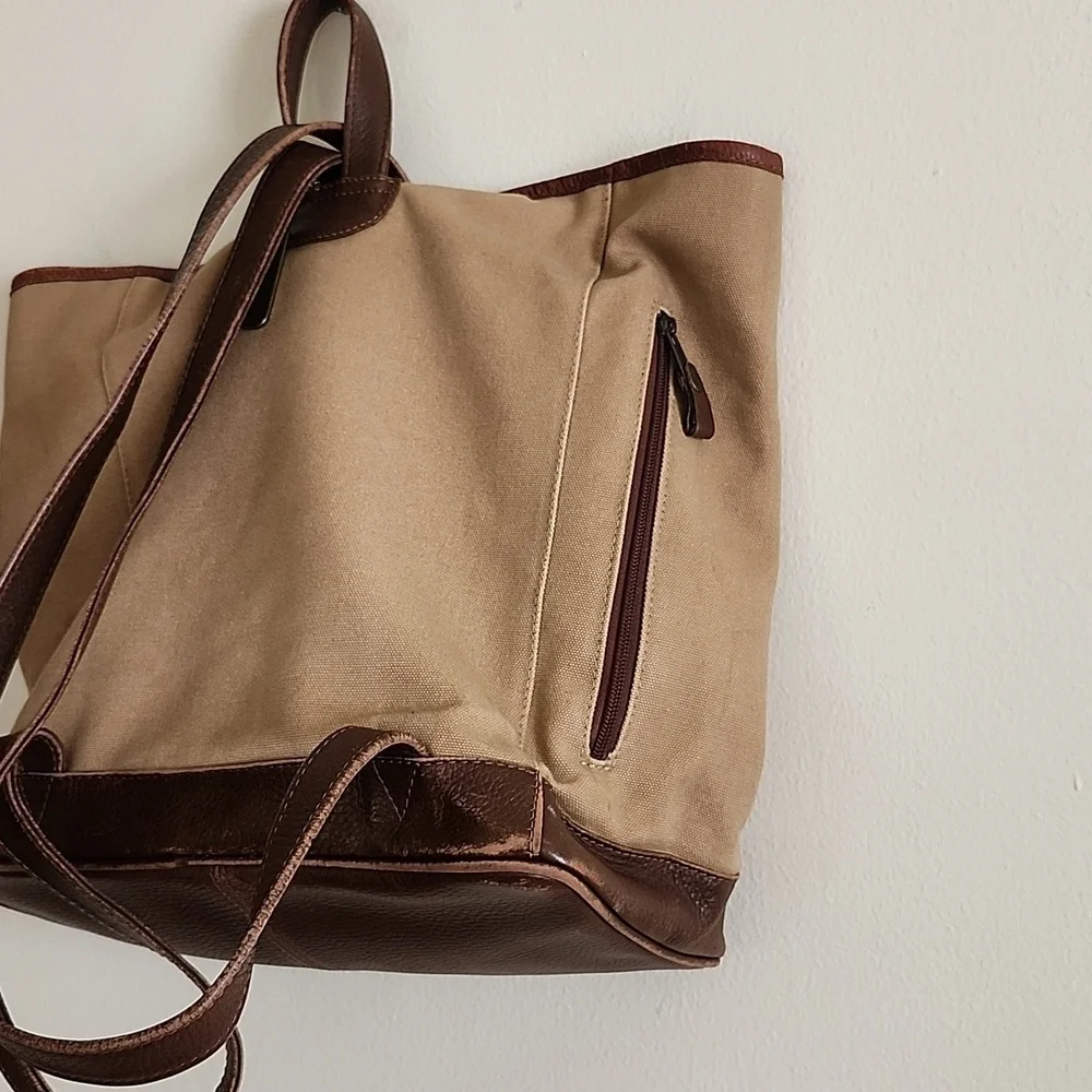 Ellington Unisex Sling Assistant Backpack Khaki Canvas/Brown leather Trim